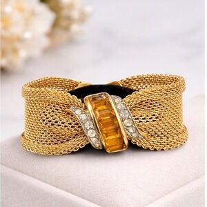 Vintage Gold Tone Mesh Bow Bracelet Amber Baguette Crystal Rhinestone Statement
